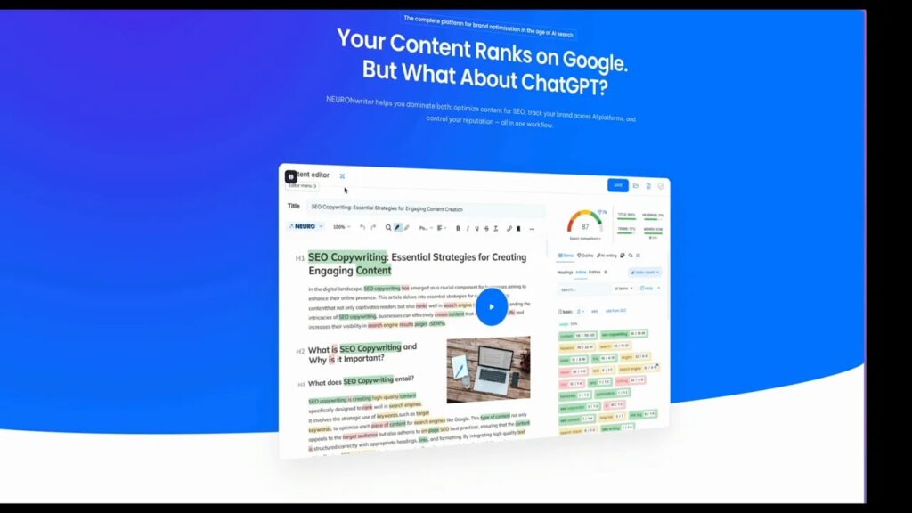 NeuronWriter Editor Bildschirm mit SEO-Score, NLP-Keywords und hervorgehobenen Textabschnitten