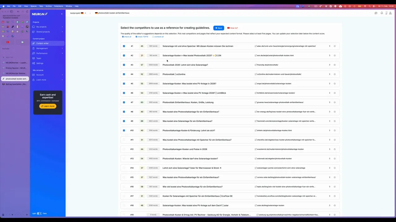 NeuronWriter Oberfläche mit Liste der Konkurrenzseiten für ein Fokus‑Keyword
