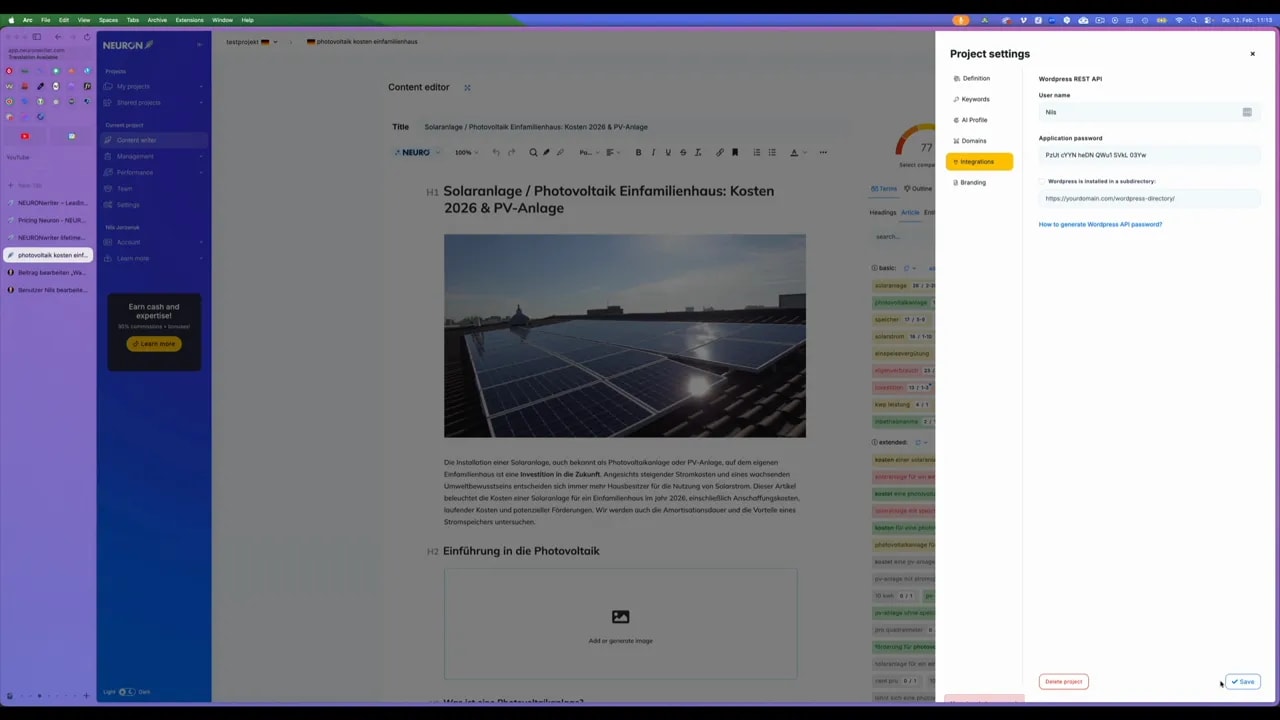 NeuronWriter Projekt-Einstellungen mit WordPress REST API Feldern und Application Password