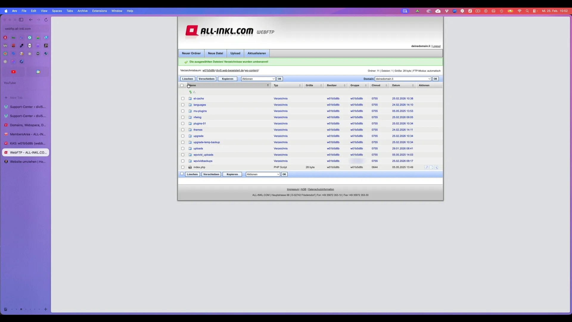 WebFTP-Dialog zum Umbenennen des Plugins-Ordners (Eingabefeld »plugins-01«) im Browser