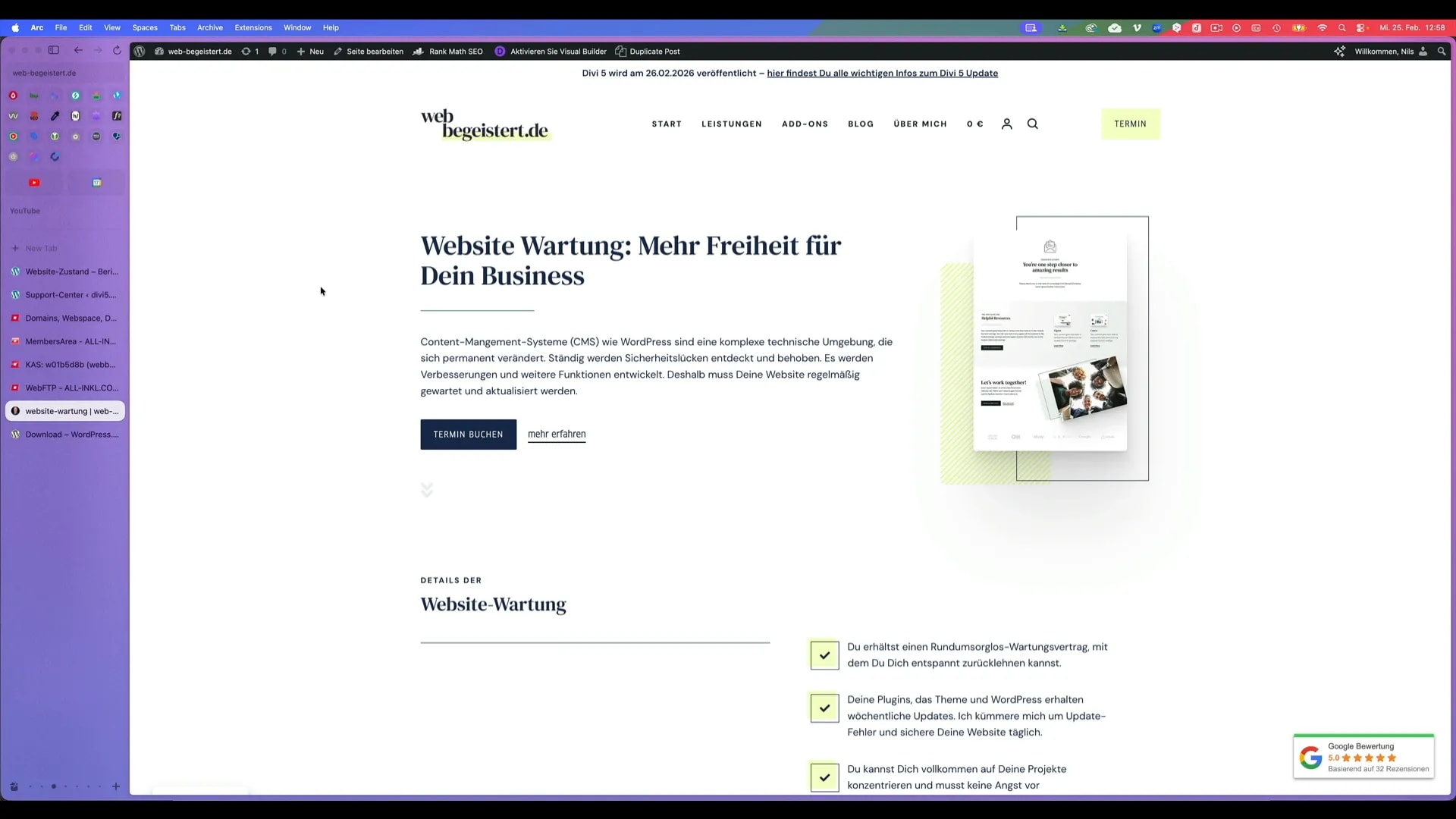 Gute, scharfe Aufnahme der Website web-begeistert.de mit dem Artikelabschnitt zum E‑Mail‑Umzug und dem Vorschaubild 'E‑Mails importieren'.