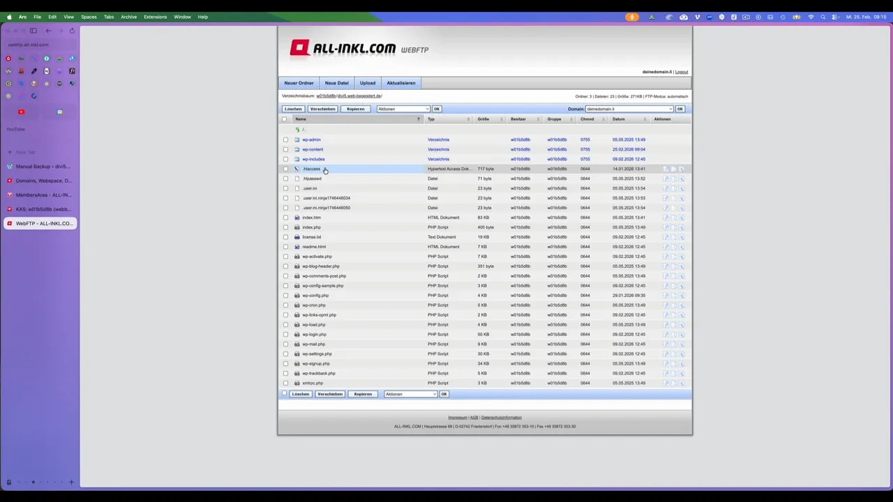WebFTP‑Dateiliste (ALL‑INKL) mit sichtbarer .htaccess‑Datei im Stammverzeichnis