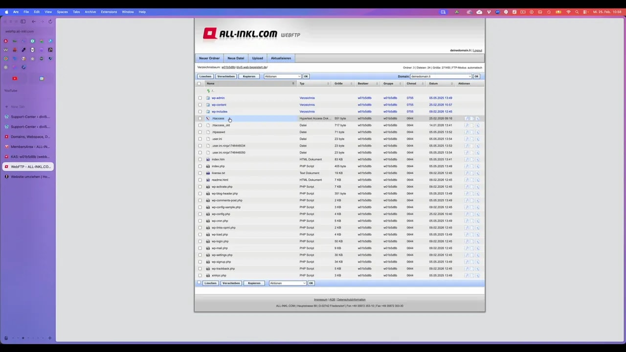 WebFTP‑Ansicht mit WordPress‑Dateien und Berechtigungswerten (z. B. 0755, 0644)