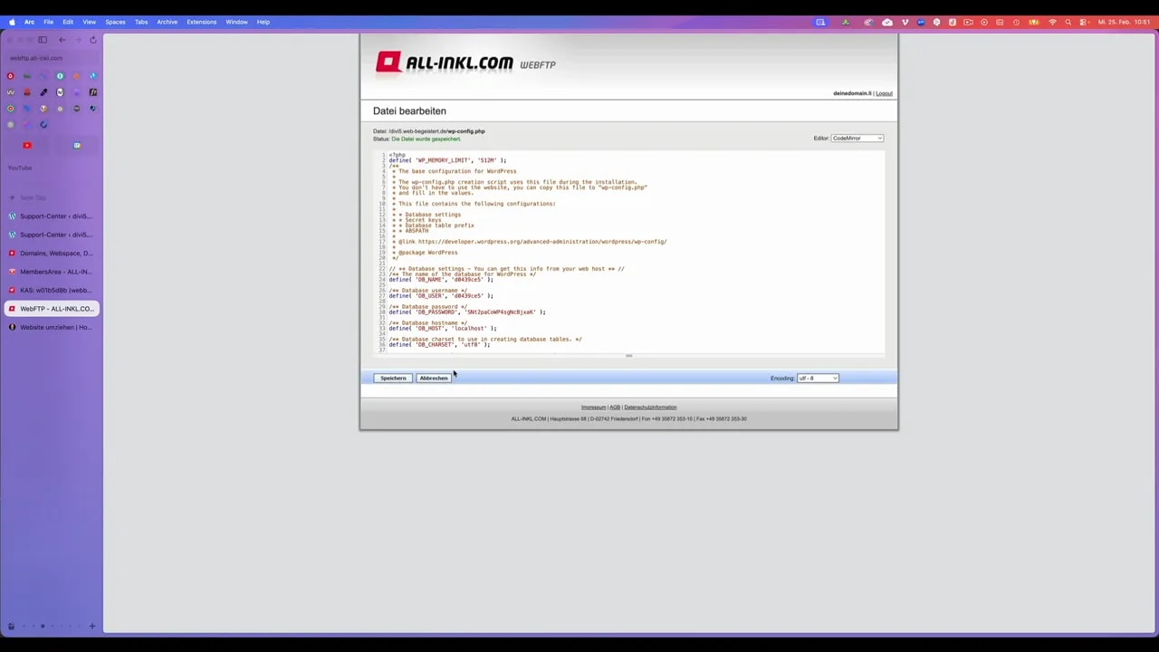 WebFTP Dateieditor mit geöffnetem wp-config.php auf All-Inkl