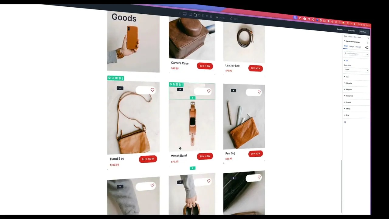 WooCommerce Produkt-Grid im Divi Loop Builder mit Produktnamen, Preis und Call-to-Action-Button