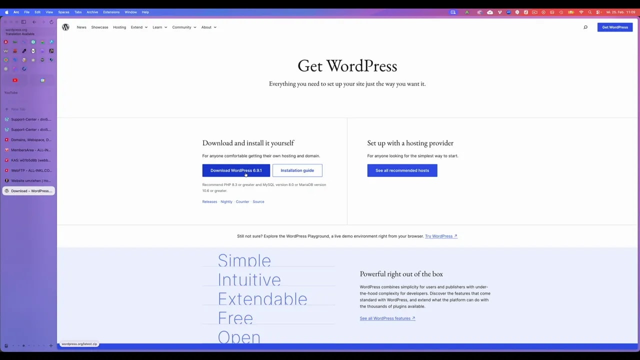 Screenshot der WordPress‑Downloadseite 'Get WordPress' mit sichtbarem Download‑Button.
