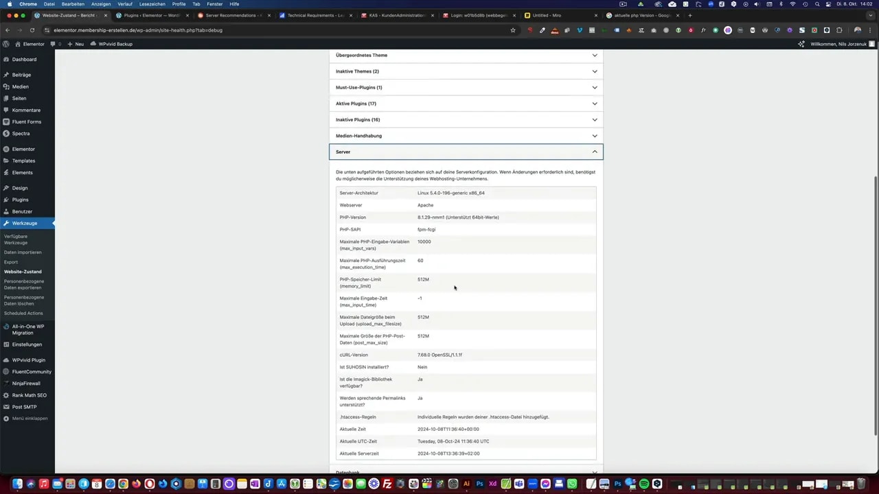 WordPress Site Health Server‑Details mit deutlich sichtbarer PHP‑Version