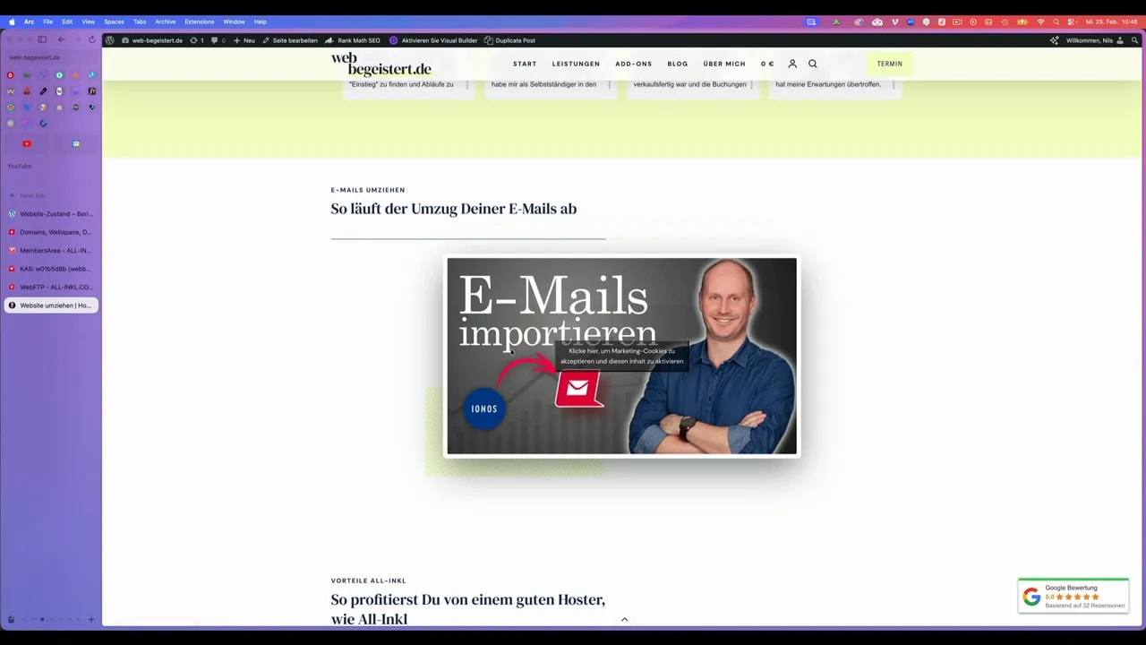 Klare Bildschirmaufnahme einer WordPress‑Seite mit großem Vorschaubild „E‑Mails importieren“; geeignet zur Illustration von Hosting‑ und Wartungs‑Themen