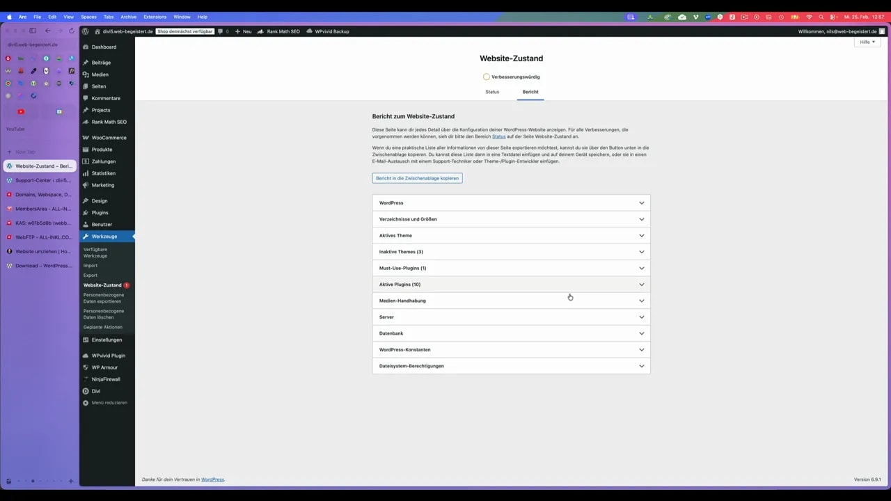WordPress Website‑Zustand: Bericht mit ausklappbaren Kategorien (inkl. Server)