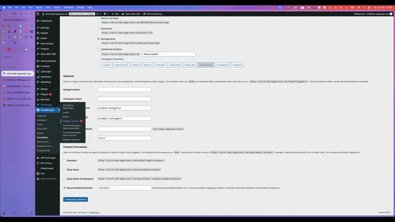 WordPress Backend: Permalinks Seite mit geöffnetem Werkzeuge‑Menü und markiertem Eintrag Website‑Zustand