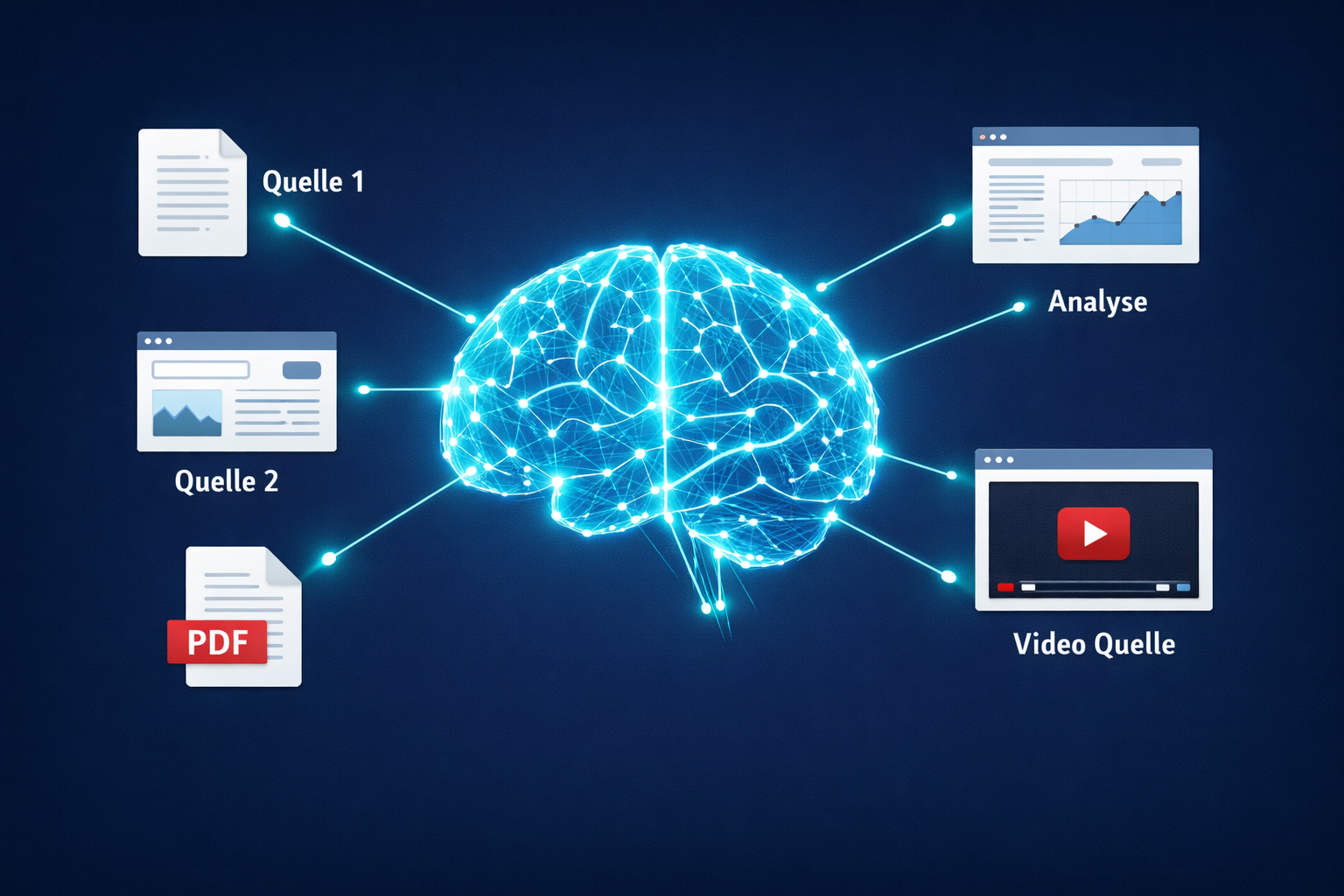 () concept illustration showing a glowing digital brain connected to multiple document icons, website screenshots, PDF