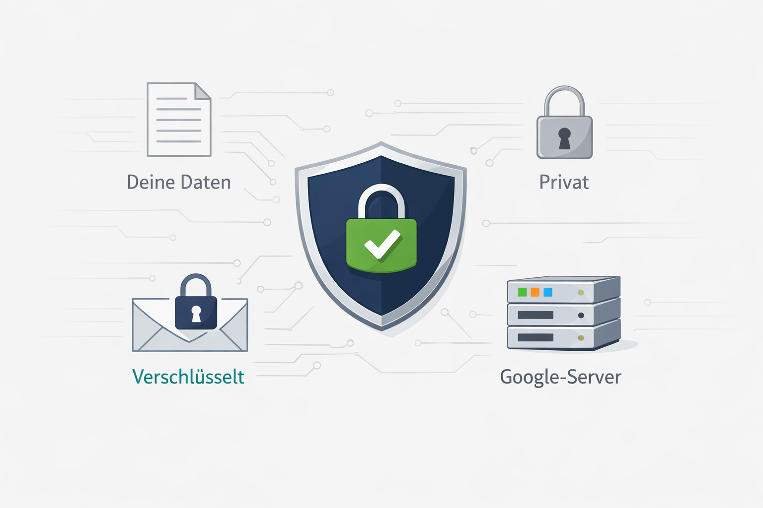() data privacy and security visualization showing a stylized shield icon in the center surrounded by document icons, lock