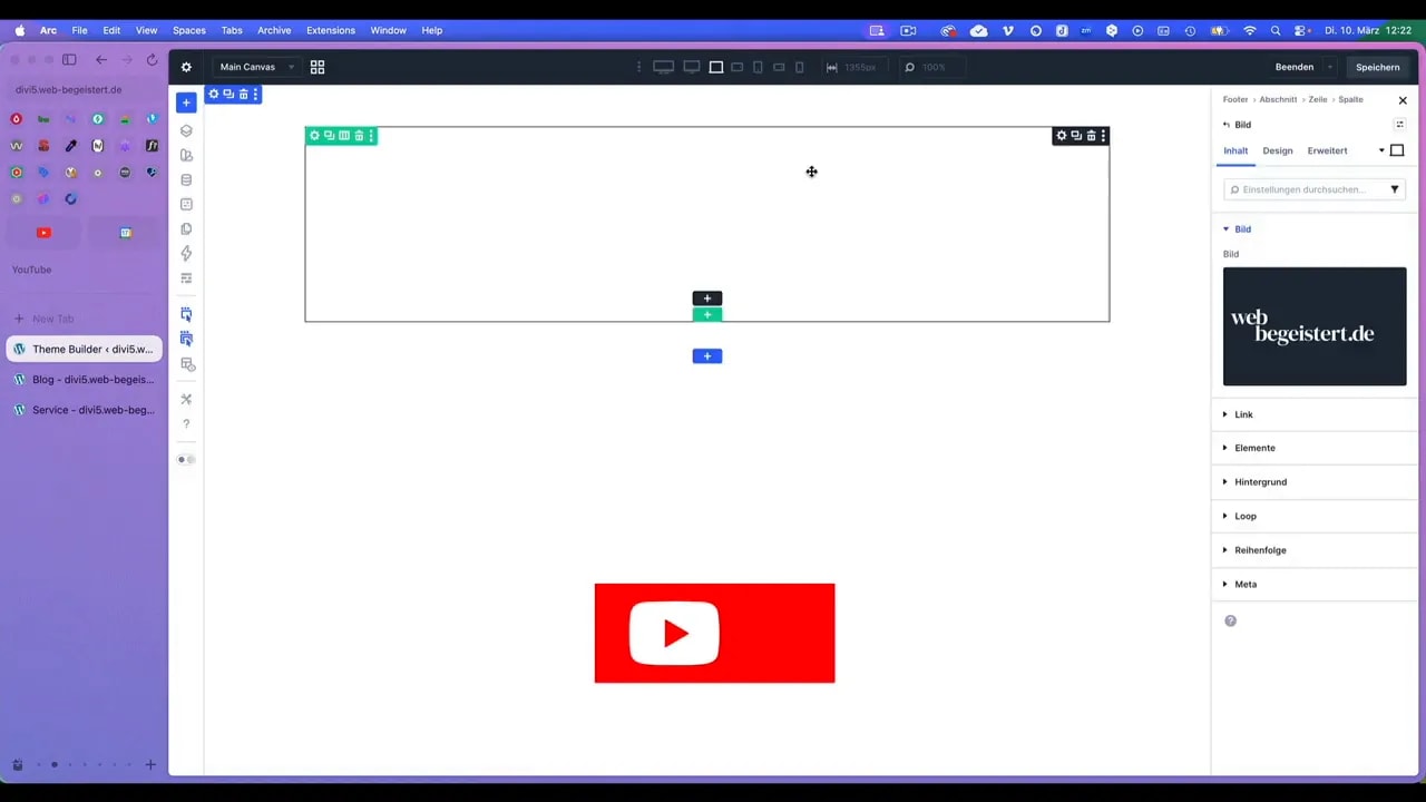 Divi Builder Canvas mit eingefügtem Bildmodul (Logo) und rechter Einstellungen-Leiste