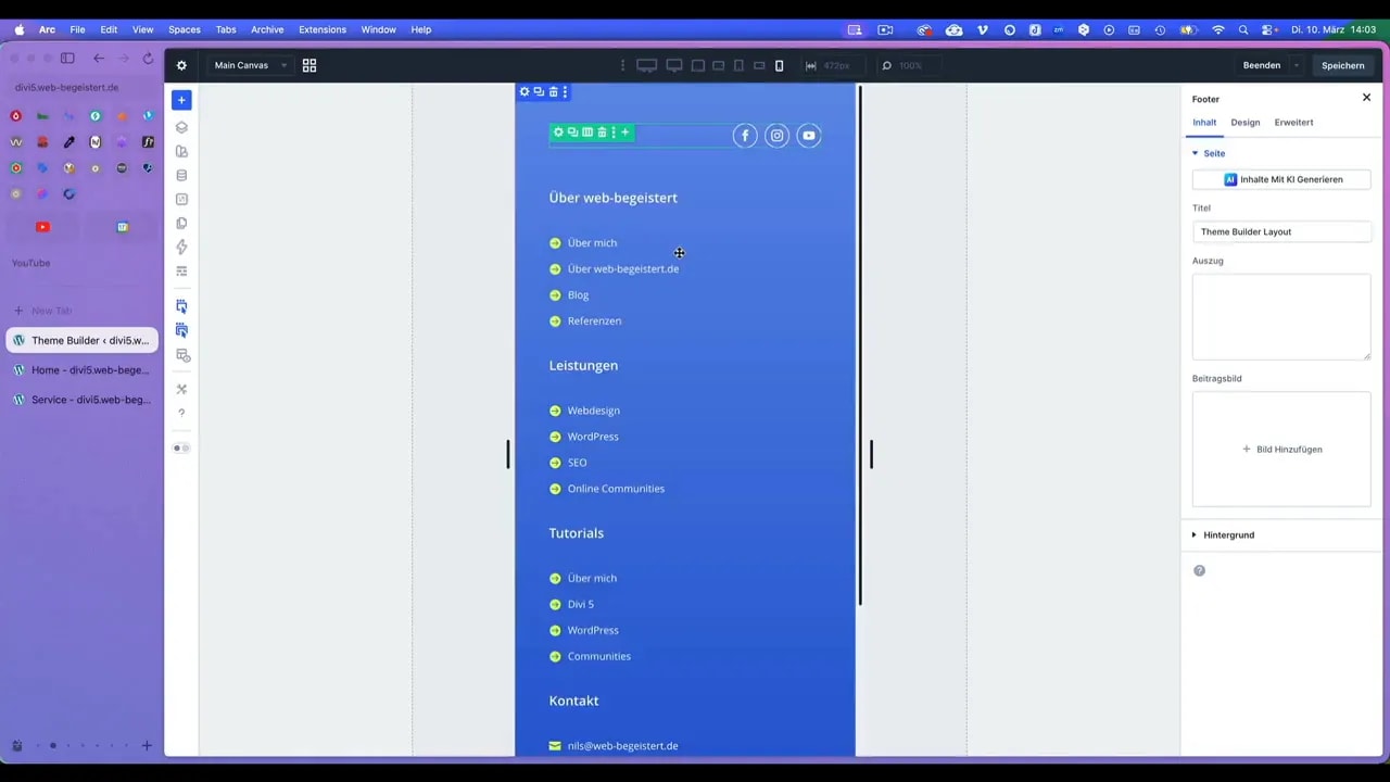 Mobile Vorschau des Divi Footers in der Theme Builder Ansicht mit einspaltigem Layout