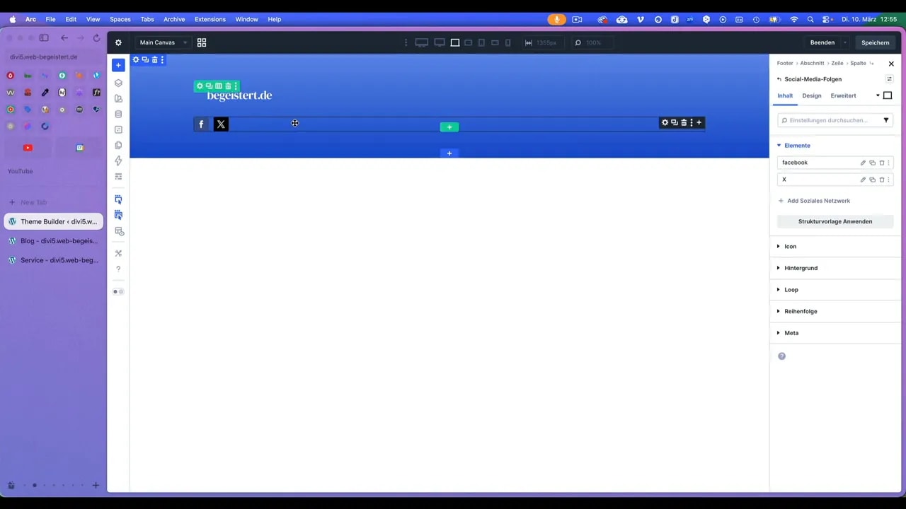 Divi Footer mit geöffnetem Social‑Media‑Folgen Modul, sichtbaren Facebook und X Icons und Einstellungs-Panel rechts.