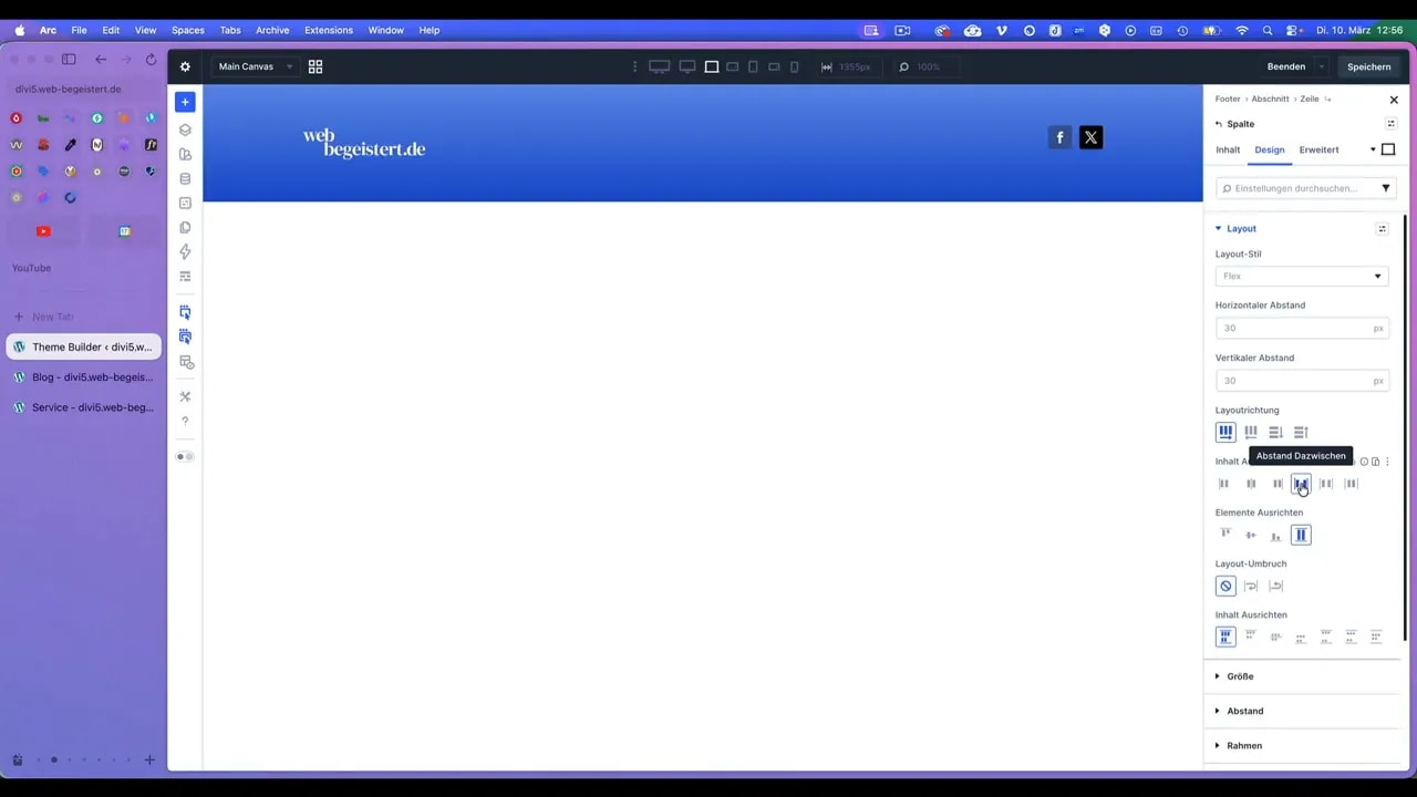 Divi Footer mit geöffnetem Social‑Media‑Folgen Modul, sichtbaren Facebook und X Icons und Einstellungs-Panel rechts.