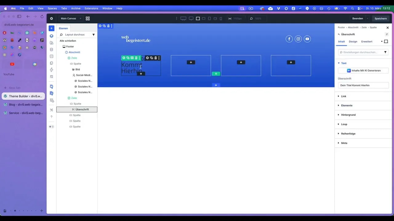 Divi Footer‑Editor mit vier Spalten, Überschrift in der ersten Spalte und Platzhaltern in den anderen