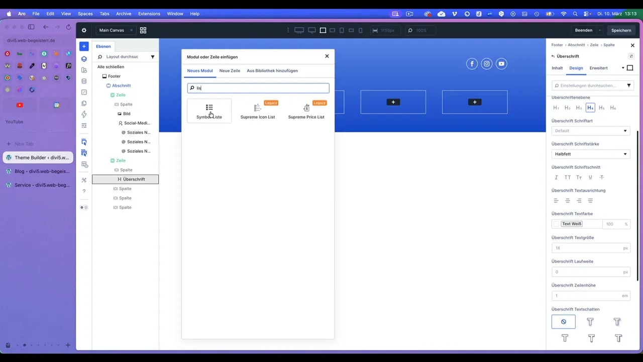 Divi Footer‑Editor mit vier Spalten, Überschrift in der ersten Spalte und Platzhaltern in den anderen