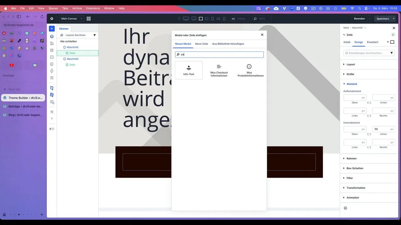 Divi Theme Builder Modul-Auswahl mit hervorgehobenem 'Info‑Text' Modul