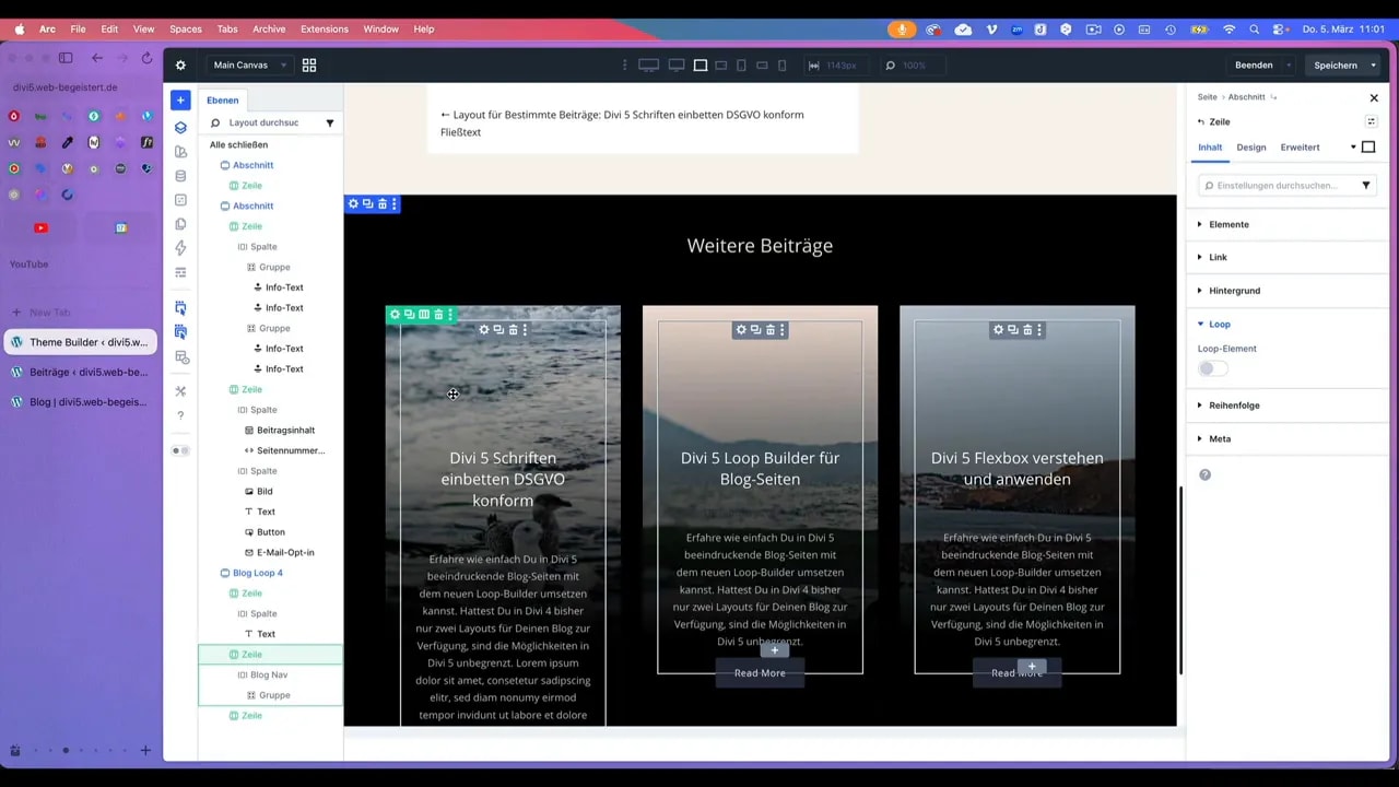 Divi Loop Builder Vorschau mit Blog-Karten und Überschrift 'Divi 5 Loop Builder'