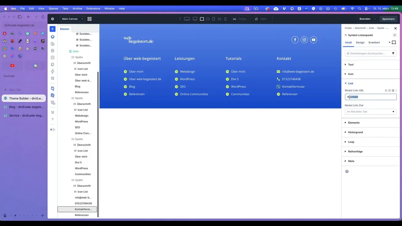 Divi Theme Builder: E-Mail-Adresse in Symbol-Liste eintragen