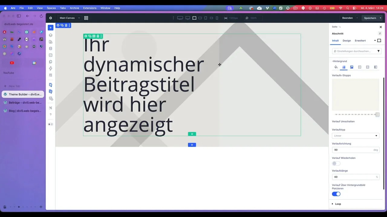 Divi Theme Builder Ansicht mit großem dynamischem Beitragstitel und offenem Hintergrund-Panel für Farbverlauf/Overlay
