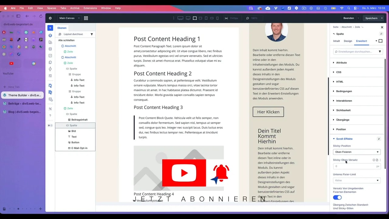 Divi Theme Builder: Scroll‑Effekte Panel mit sichtbarer Sticky‑Position 'Oben Fixieren' und Sticky‑Versatz‑Einstellung