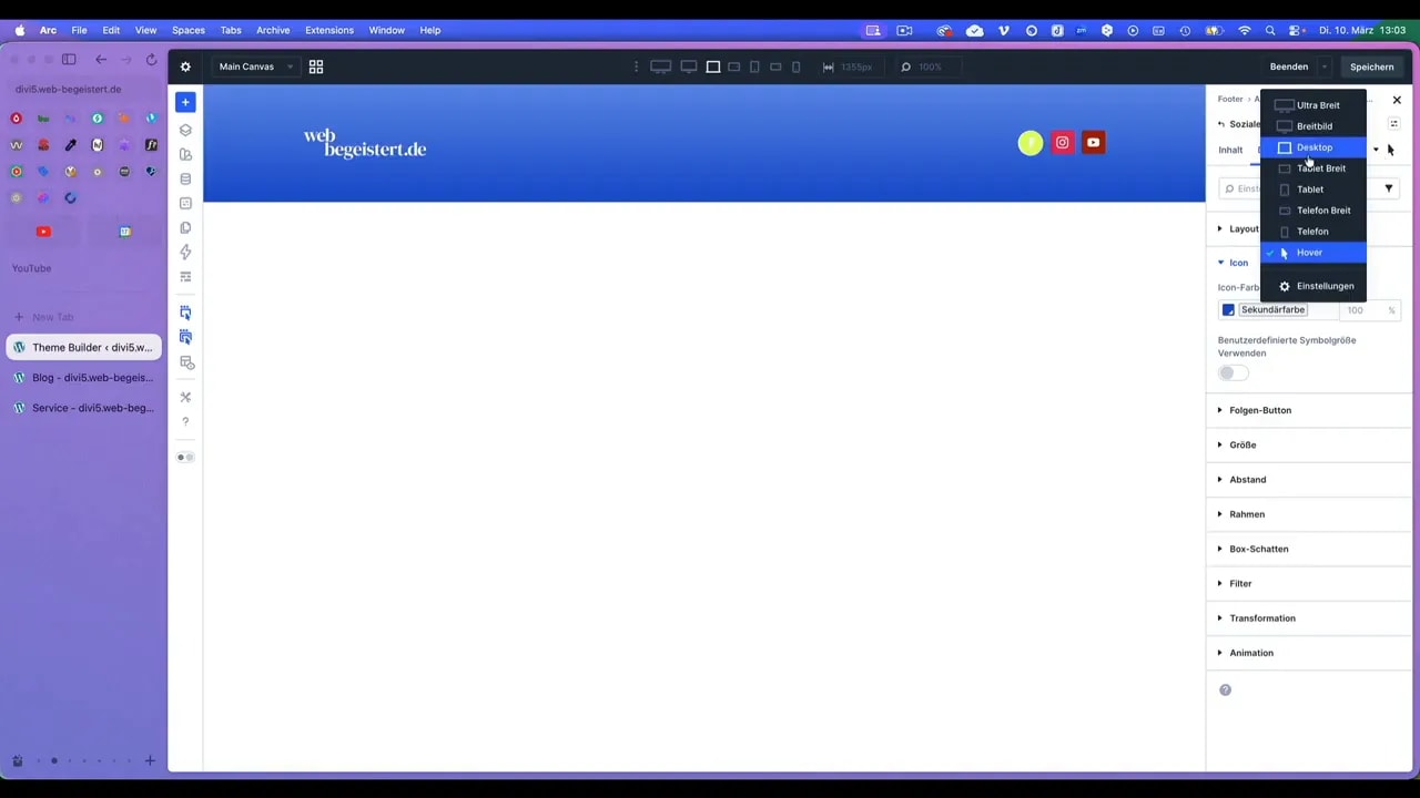 Divi Theme Builder Ansichtsauswahl Menü zur Wahl von Desktop Tablet Mobil und Hover