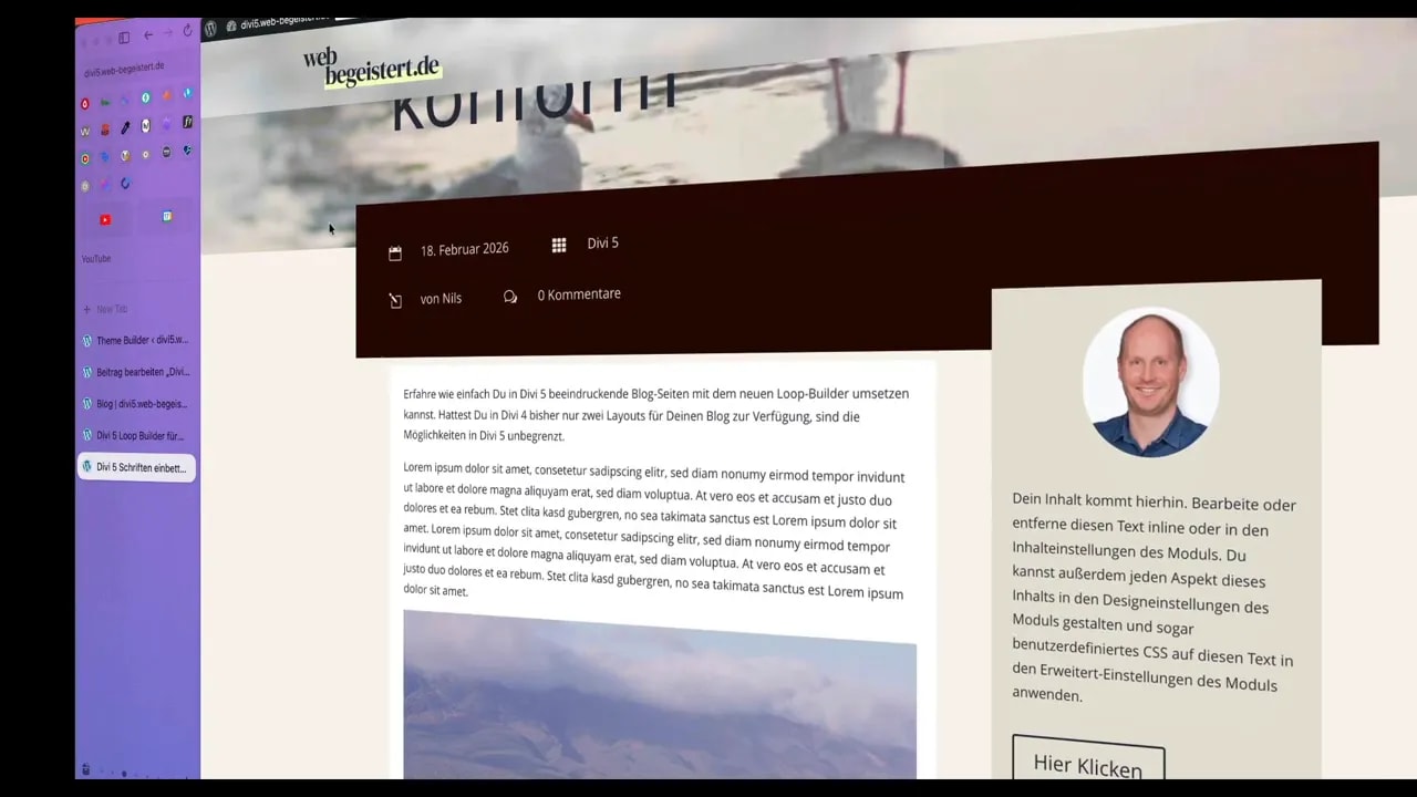 WordPress Dashboard mit geöffnetem Divi‑Menü und Auswahl 'Theme Builder'