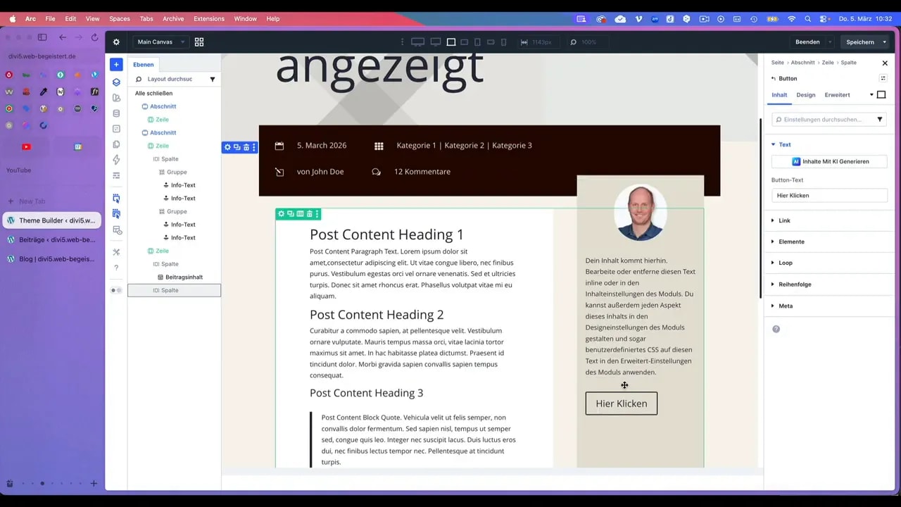 Divi Theme Builder Gesamtansicht: Post-Content links, rechte Spalte (Sidebar) leer, Einstellungs-Panel sichtbar