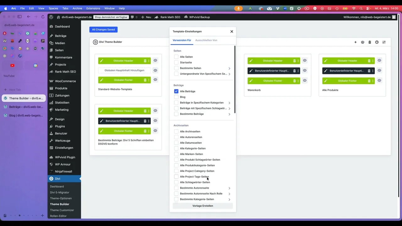 Template-Einstellungen mit 'Alle Beiträge' ausgewählt im Divi Theme Builder