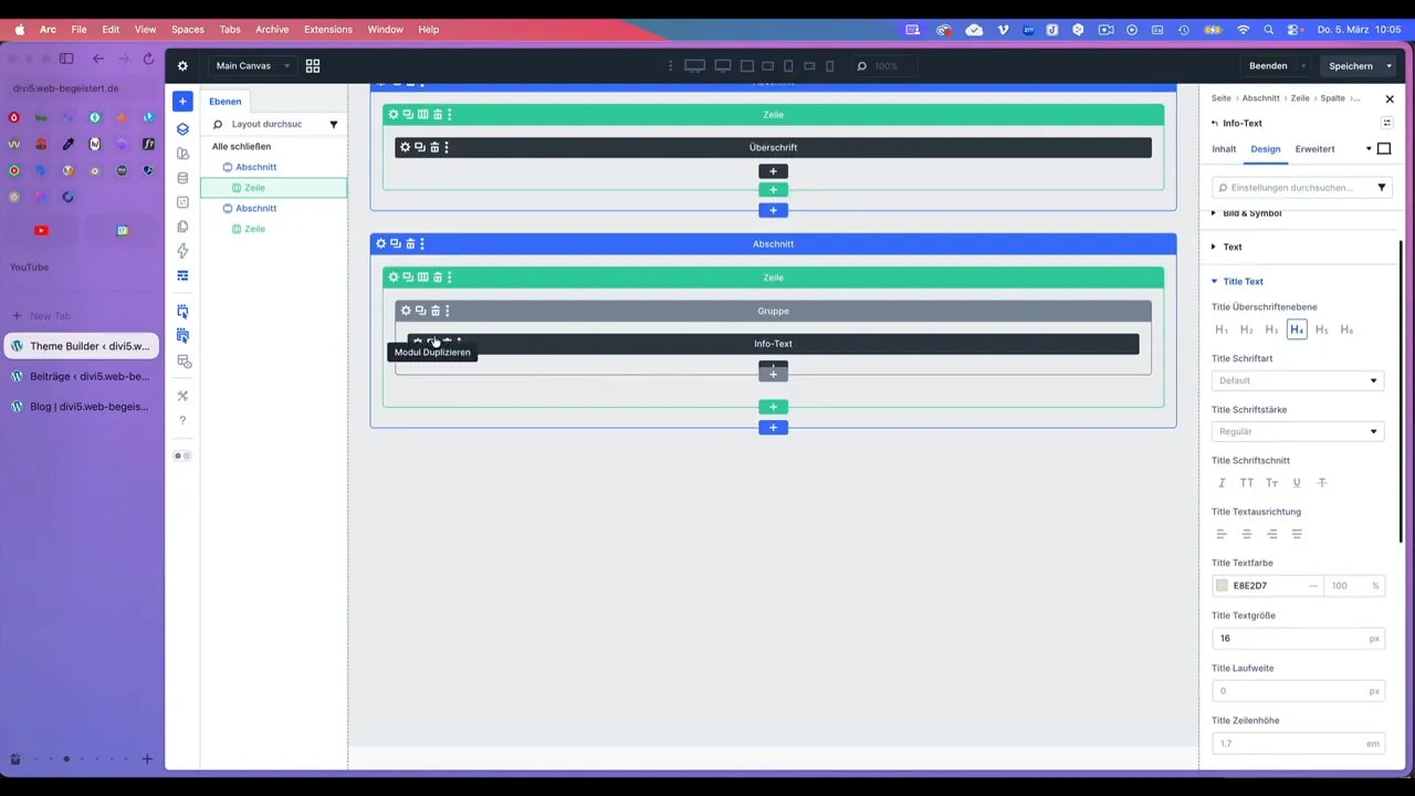 Divi Theme Builder Wireframe-Ansicht mit sichtbarem 'Modul duplizieren' Tooltip
