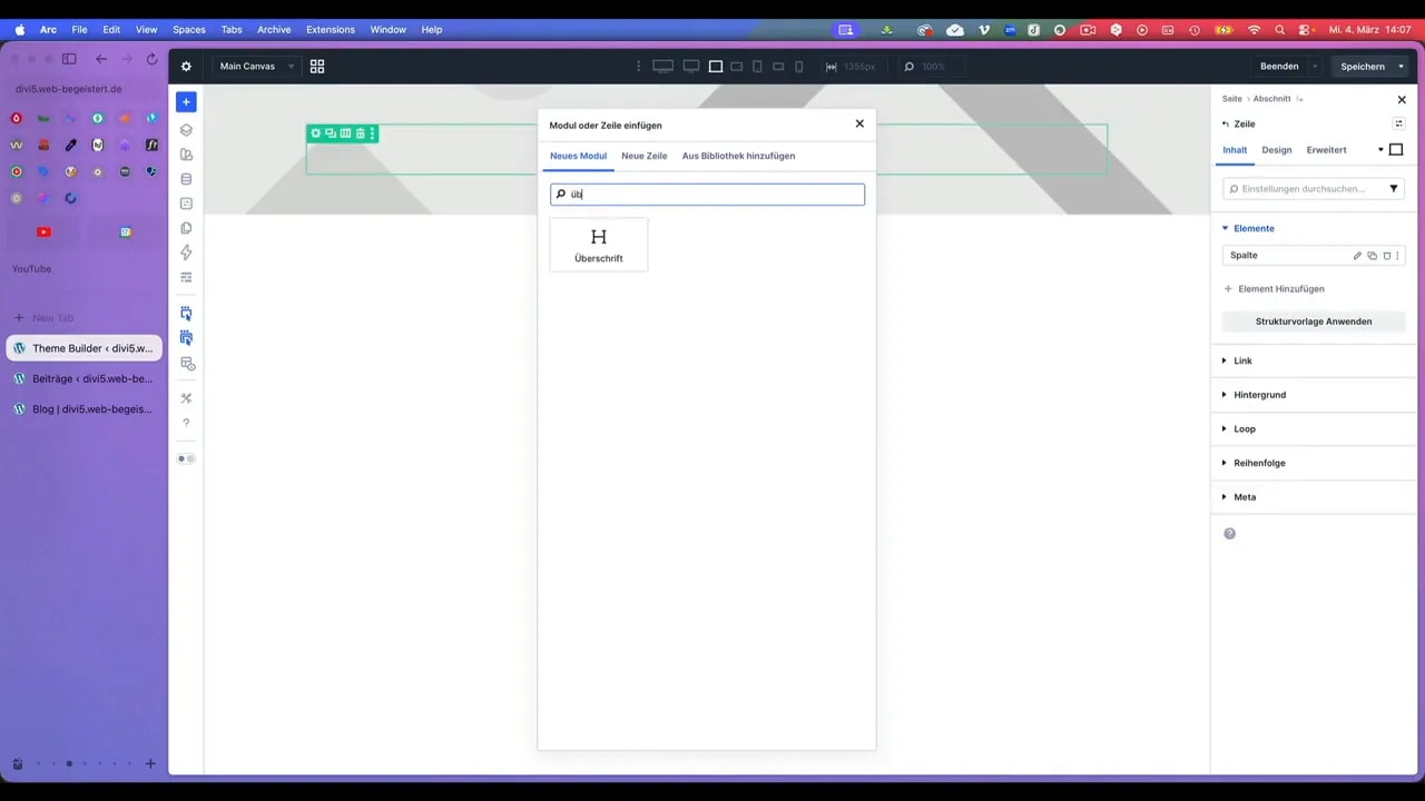 Divi Dialog 'Zeile einfügen' mit verschiedenen Spaltenlayouts im Theme Builder; Hauptcanvas und Hintergrund‑Einstellungen sind sichtbar