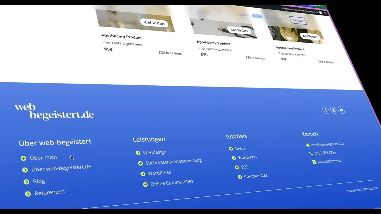 Website-Frontend mit sichtbarem dunklen Footer und WordPress-Admin-Leiste oben