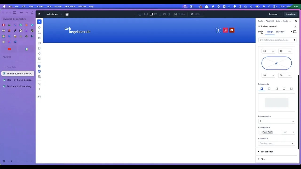 Divi Theme Builder mit ausgewähltem Social-Follow-Modul und kleiner Bearbeitungsleiste über den Social-Icons