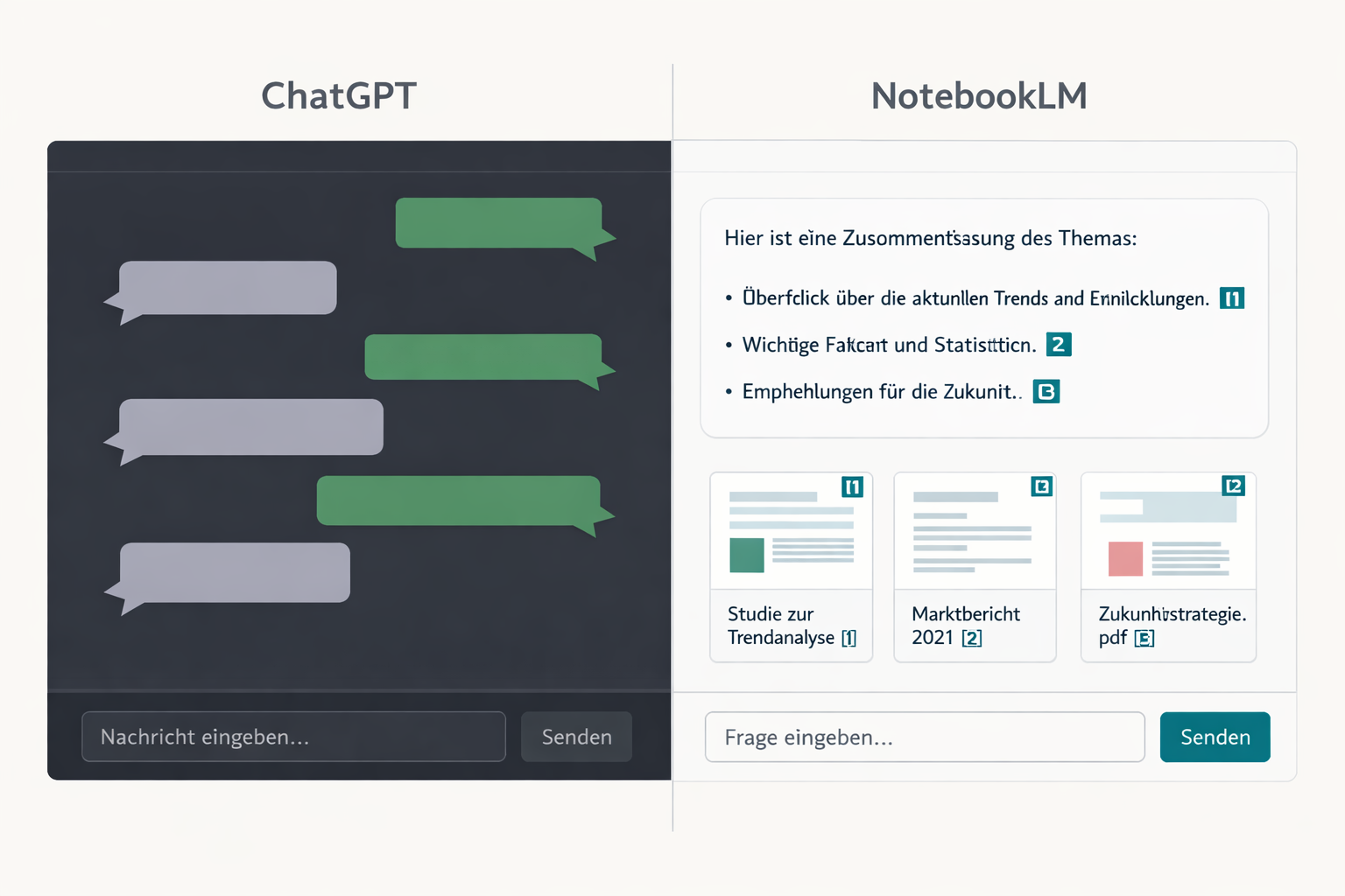 () split-screen comparison graphic showing two distinct AI chat interfaces side by side. Left panel labeled 'ChatGPT' with