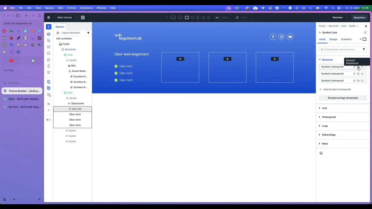 Divi Theme Builder: Symbol-Liste mit mehreren 'Über mich'-Einträgen und Duplizieren-Tooltip