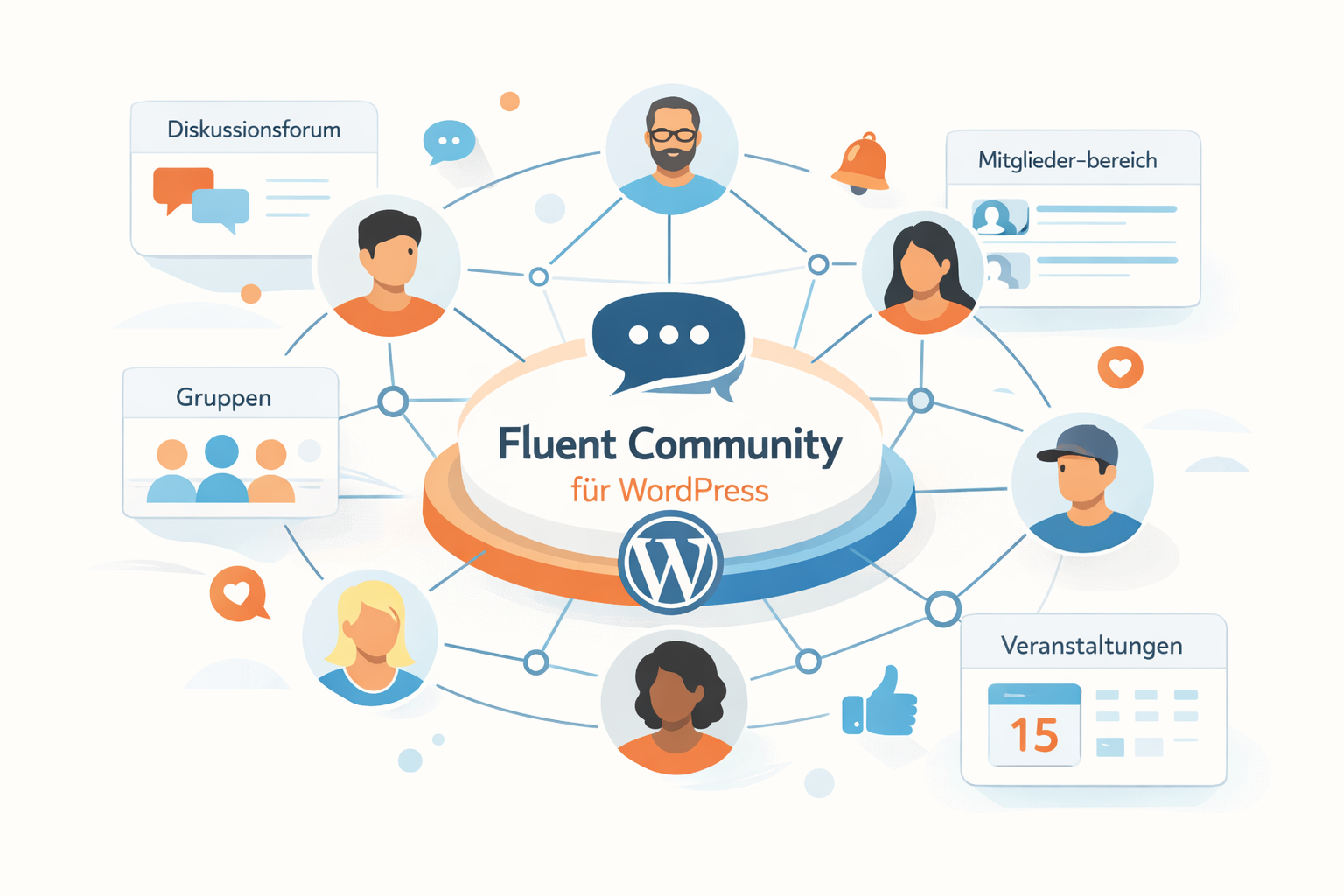 Conceptual illustration depicting Fluent Community WordPress platform, showing interconnected user network with digital