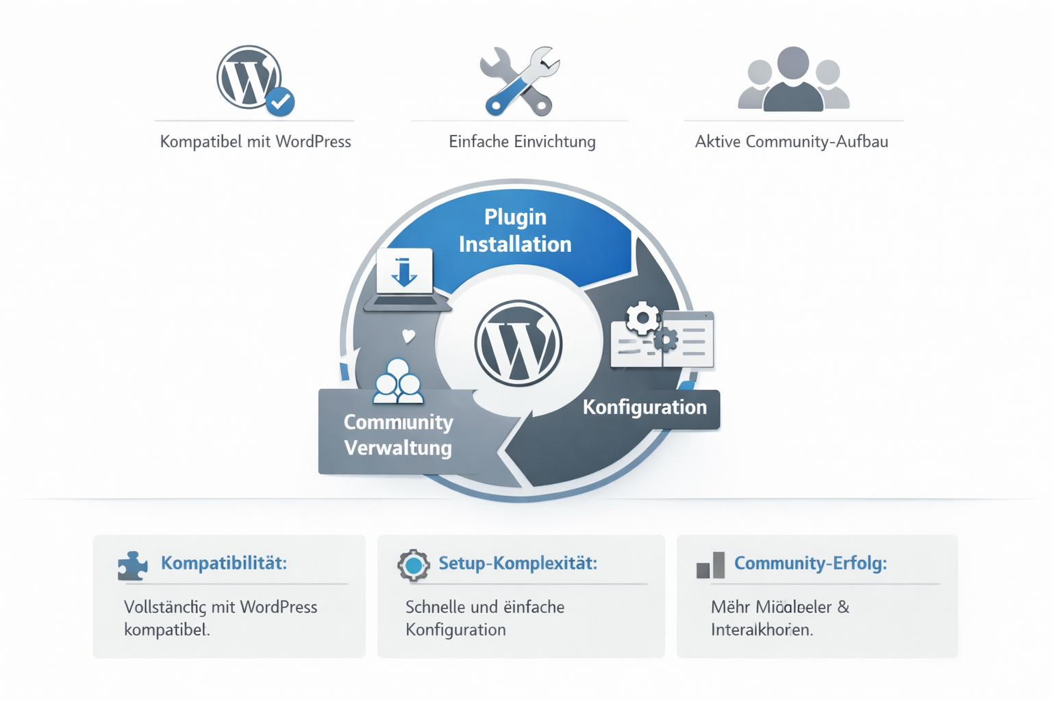 Infographic visualizing key takeaways of Fluent Community WordPress plugin setup, featuring minimalist icons representing