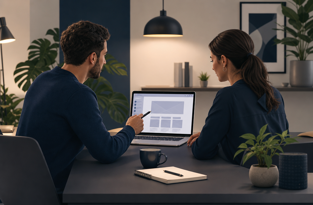 A calm professional consultation scene showing two people at a modern desk reviewing a laptop screen together, one pointing