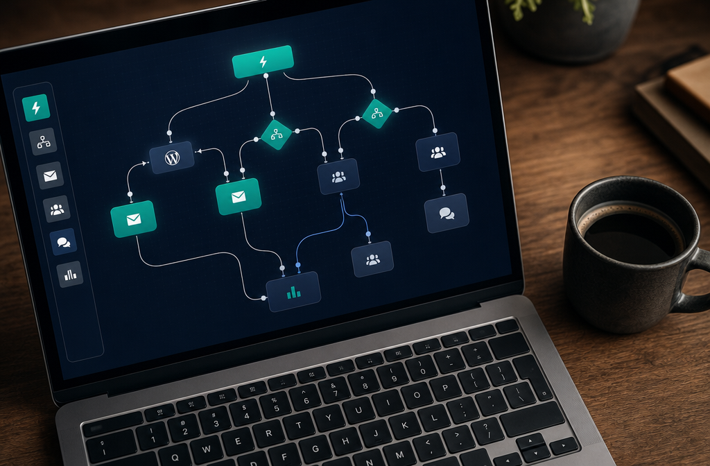 Close-up bird's-eye view of a laptop screen displaying a visual automation workflow builder with branching logic paths,