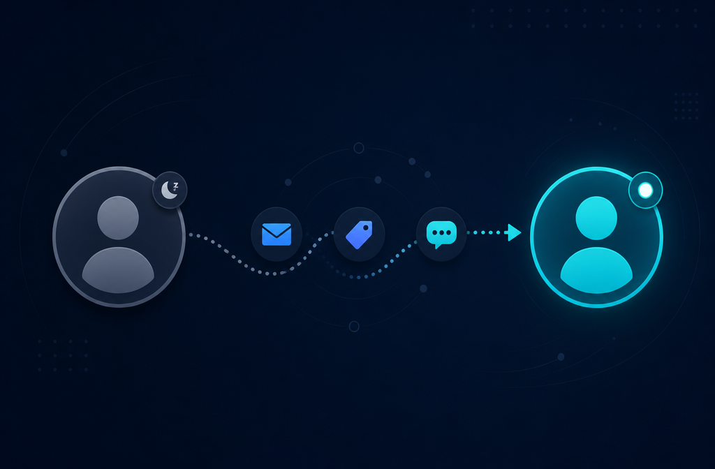 Conceptual illustration showing a sleeping or inactive user avatar icon in grey on the left, connected by a dotted curved