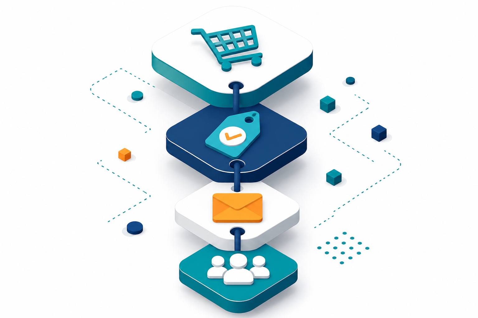 Flat-lay style illustration showing a funnel diagram built from connected blocks: at the top a shopping cart icon, flowing