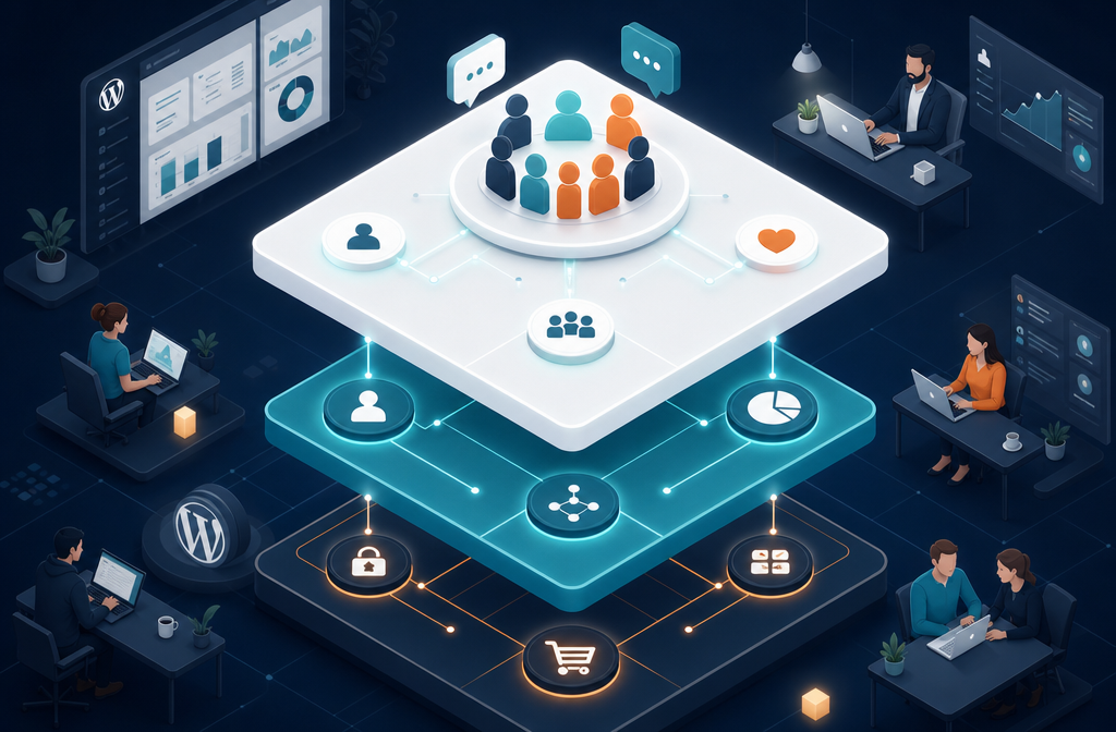 Isometric illustration style showing a layered WordPress plugin stack with Fluent Community at the top glowing brightly,