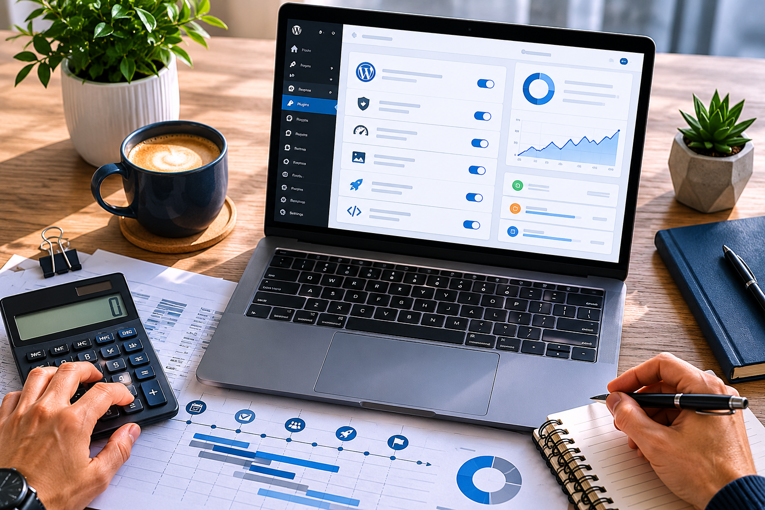 Overhead flat-lay of a wooden desk with a calculator showing euro amounts, a printed project timeline sheet, a coffee cup,