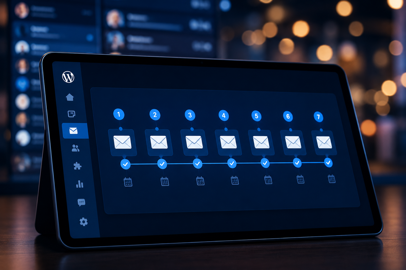 Wide-angle view of a digital calendar and email sequence timeline displayed on a tablet screen, showing 7 consecutive days